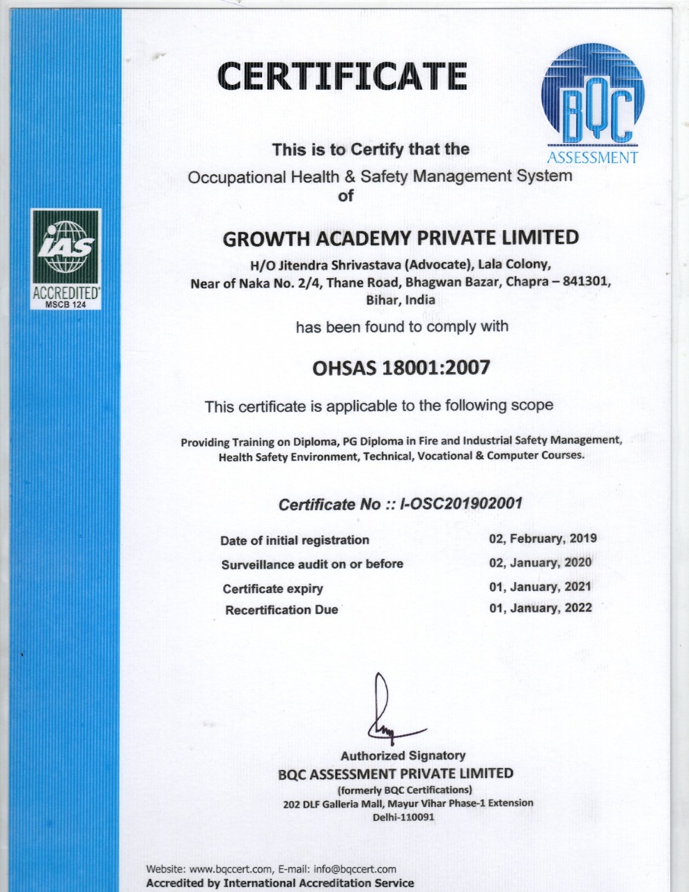 Registration Certificate of Growth Academy